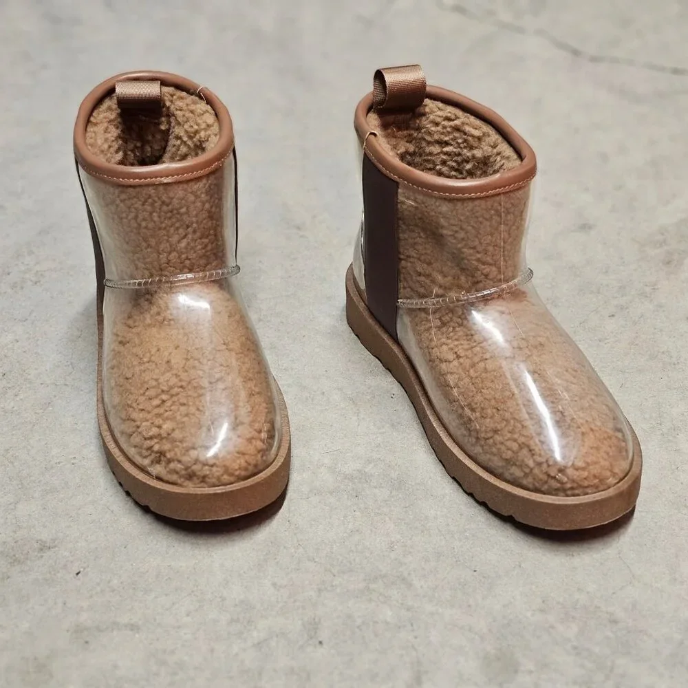 Clear Shearling-Lined Ankle Boots With Brown Trim & Rubber Sole For Women